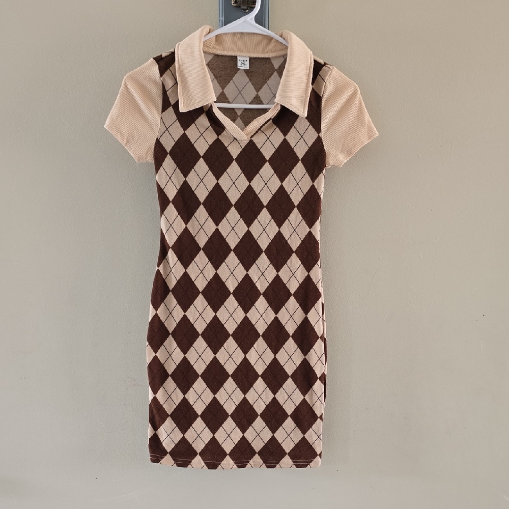 SHEIN Argyle Patterned Dress in Brown and Cream